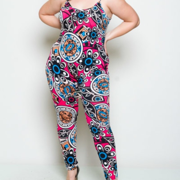 Boutique Pants - Red and Black Tribal Halter Jumpsuit Plus Size